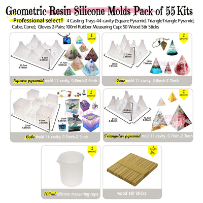 Pyramid Cone Cube Geometric Resin Casting Molds Set of 55-kit