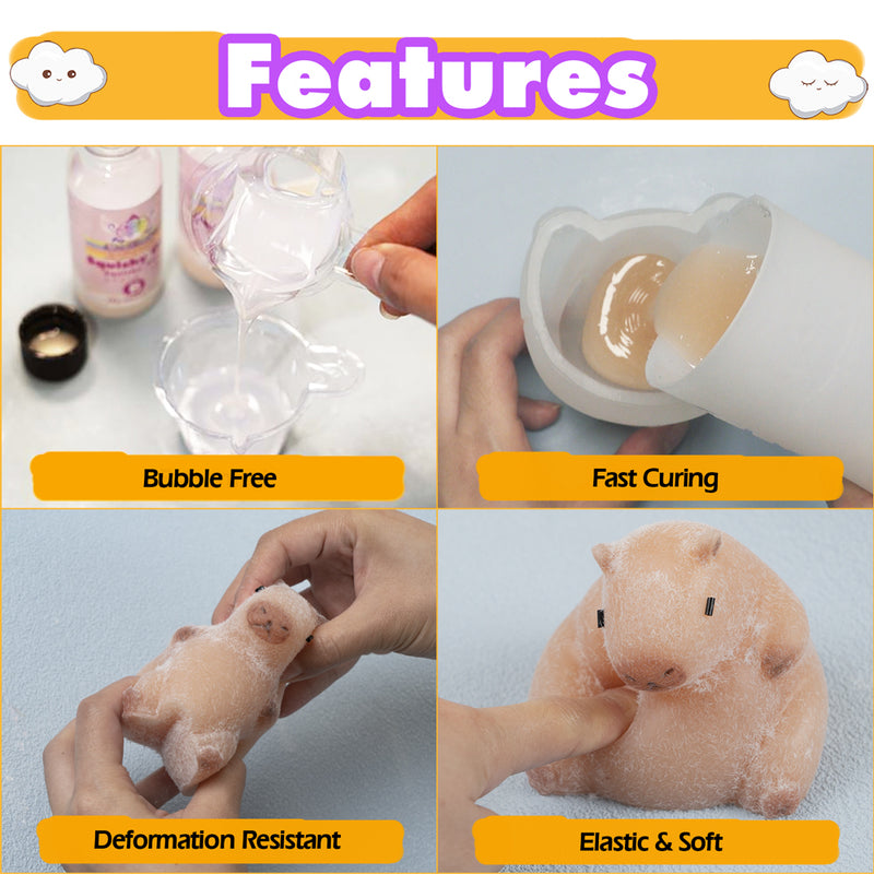 Taba Squishy Kit Capybara Silicone Mold 3-inch+Liquid Gel+Flocking Cute Animal Maker Set