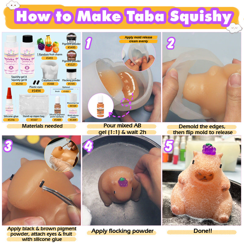 Taba Squishy Kit Capybara Silicone Mold 3-inch+Liquid Gel+Flocking Cute Animal Maker Set