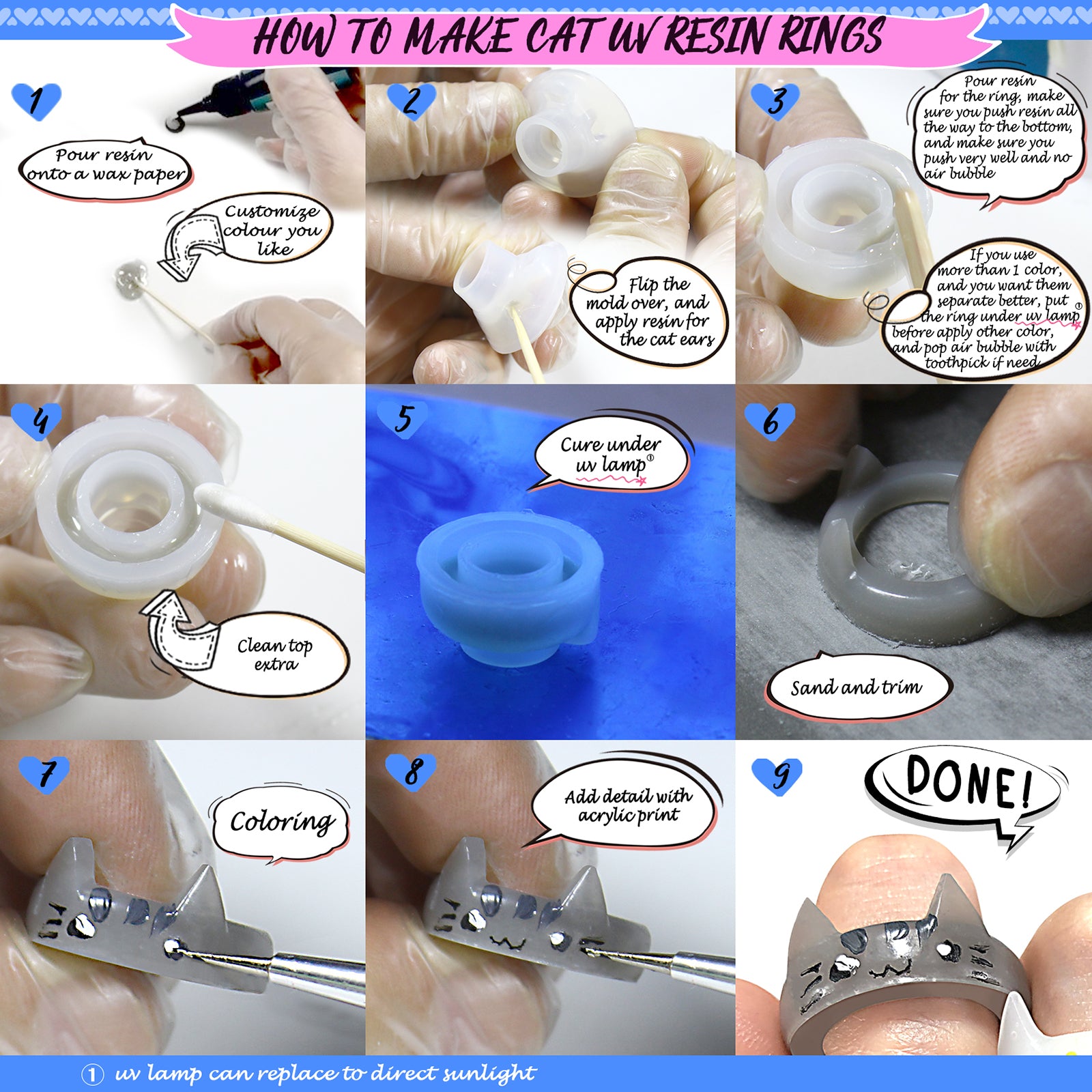 1Pc Resin Ring 5 Shapes Silicone Mold Jewelry Cat Diamond Flat